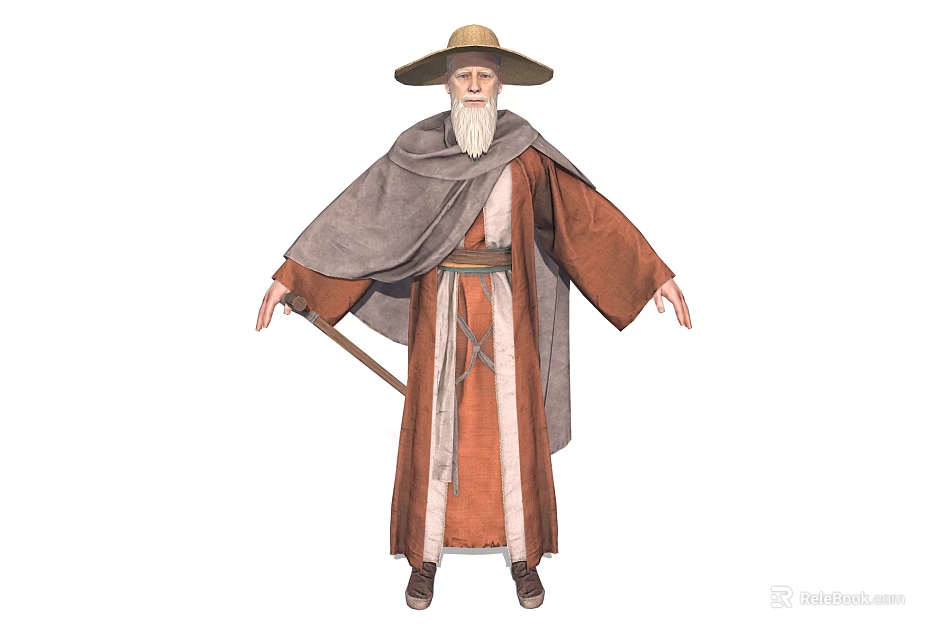 Elderly Bearded Man In Brown Traditional Robe With Gray Cloak And Wide Brimmed Hat Standing 3d model